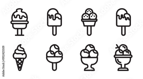 Collection of stylized ice cream icons in cones and cups dessert vector art