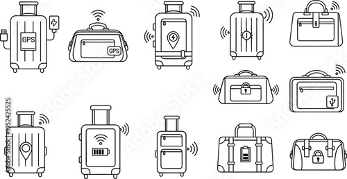 Smart Luggage Outline Icon Set with GPS Tracking Suitcases, Travel Bags, and Wireless Technology Features for Modern Travel Illustration