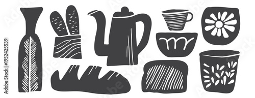 Cottagecore breakfast food set: rustic linocut vector illustrations with bread, baguette, moka pot, pottery vase, ceramic mug and kitchen tableware, hand drawn black ink stamp style for artisan bakery