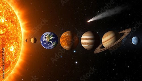 The sun and planets align, showcasing a vibrant display of the solar system, with each planet orbiting in harmonious formation.
