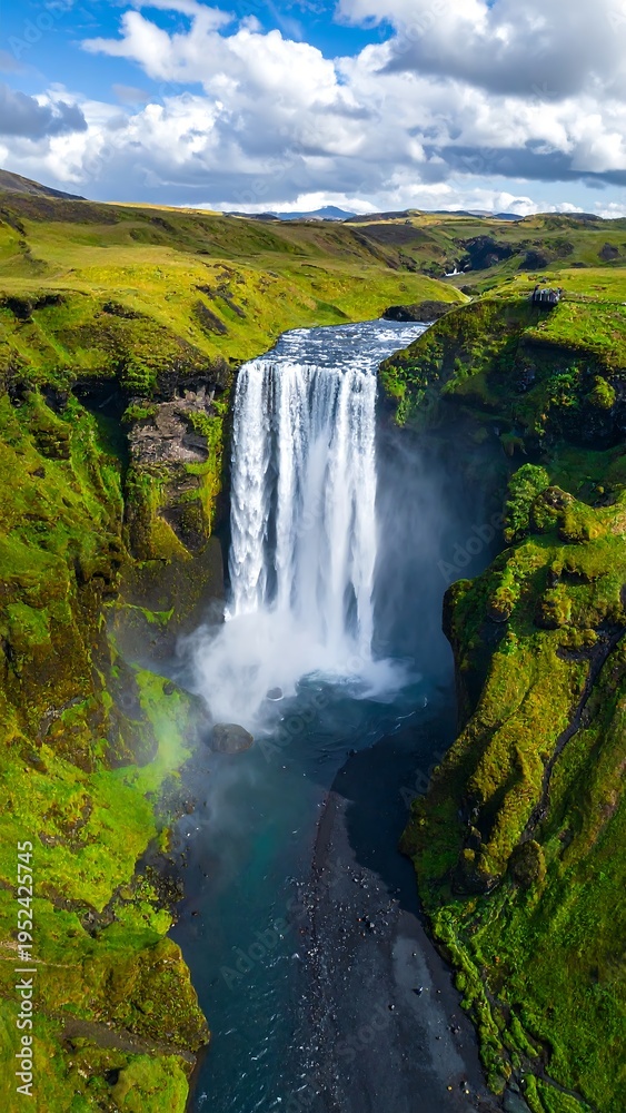 Fototapeta premium A serene waterfall cascading down a lush green cliff