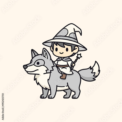 A cartoon character wearing a wizard's hat and robe rides atop a stylized wolf, holding a wand. The background is a cream color