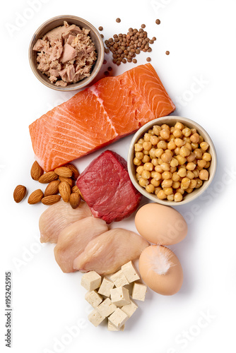 High Protein Food Collection Isolated on White Background. Top View
