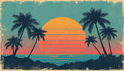 A nostalgic artwork showcases a captivating sunset over a tranquil ocean, framed by the silhouettes of palm trees, evoking a sense of calm and vacation bliss.