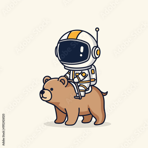 An astronaut in a spacesuit sits atop a brown bear, both figures drawn in a cute, cartoonish style against a cream background