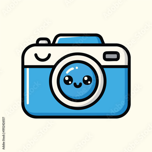 A cartoon camera with a smiling face and a light blue body against a creamy background, using bold lines