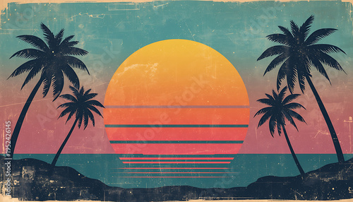 A serene coastal scene unfolds, featuring palm trees framing a radiant sunset, evoking a sense of tranquility.