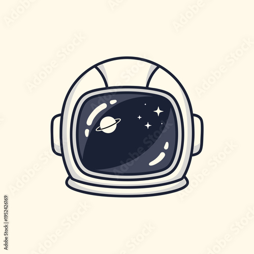 A cartoonish astronaut helmet with a dark visor displays a planet with rings and stars on a cream background. The helmet is white and black