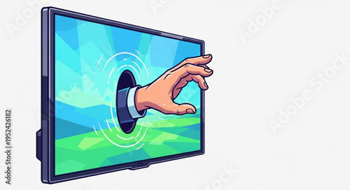 Hand Emerging from a Television Screen - Digital World Intrusion.