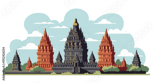 Prambanan Temple Complex Illustration - A Majestic Architectural Marvel.