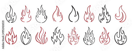 Hand drawn flames doodle set simple line art fire design