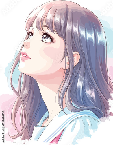 Beautiful anime girl illustration with long purple hair looking up, featuring a soft watercolor style and pastel pink and blue accents, perfect for youthful design projects. isolated PNG with