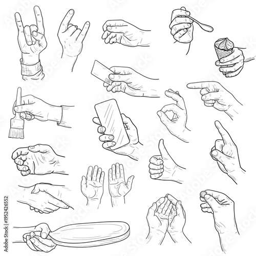 Collection of hands and palms in various poses, hand-drawn sketch. Vector illustration. Hands holding mugs and phone, bottle and a shot glass, praying, and peeling vegetables, isolated on background