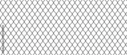 Seamless black chain link fence pattern on white background. Industrial wire mesh texture for architectural design and security fencing concepts.