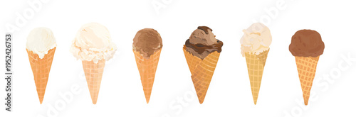 Set of tasty vector hand drawn vanilla and chocolate ice cream balls in waffle cone. Cartoon cold summer dessert illustration isolated on white. Perfect for menu, packaging and dessert design.