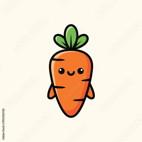 A cartoon-style carrot with a smiling face, two small arms and green leaves. Set against a light background