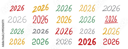 hand drawn doodle 2026 lettering text designs various styles and colors. 2026 New Year themes, greeting cards, decorations, 2026 visuals