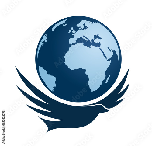Symbol of flying bird with globe.