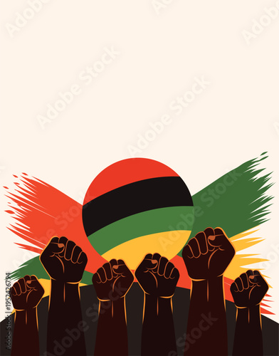 Freedom Day, Independence Day for African Americans. Raised hands, clenched into fists, symbol freedom, equality, empowerment, unity. Vector vertical banner with a place for the text