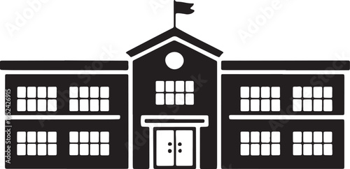 Black silhouette icon of a classic school building with multiple windows and a small flag on roof