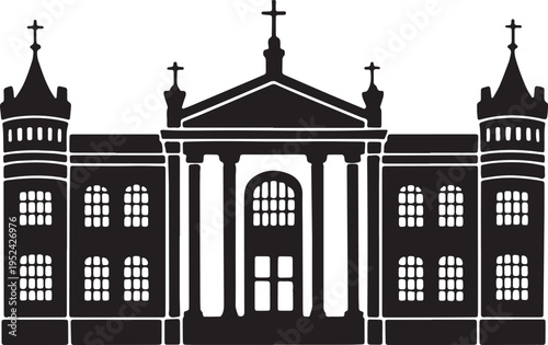 Black silhouette of grand church building with crosses and tall towers on transparent background