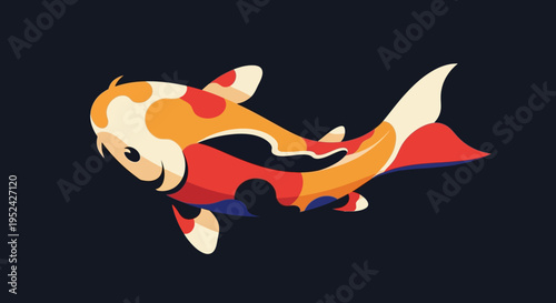 Cute Cartoon Koi Fish Swimming, Japanese Carp Illustration, Vibrant Colors, Dark Background