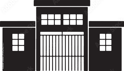 Building silhouette with tall vertical entrance slats and multi pane windows on wings