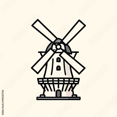 A cartoon-style illustration of a windmill with four blades, a gray roof, white body with details, and a black base, set against a neutral background