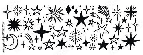 Hand drawn stars with rough edges and sketchy texture. Monochrome line art, hand drawn.
