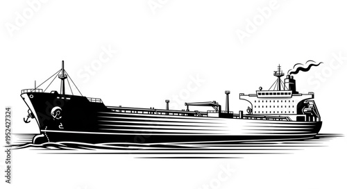 Monochrome Illustration of a Large Oil Tanker Ship at Sea.