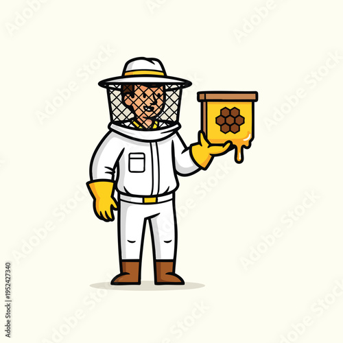 A cartoon beekeeper stands in a protective suit and hat, holding a dripping honeycomb container on a light background