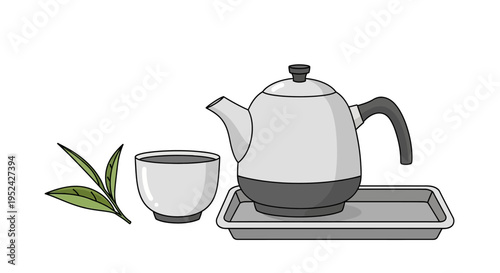 Tea Ceremony Set: Kettle, Cup, and Fresh Leaves on Tray