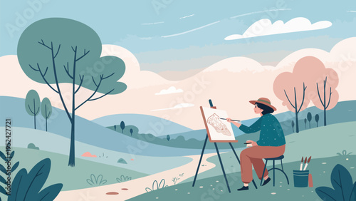 Artist painting serene nature landscape on canvas outdoors in a green valley with trees and hills