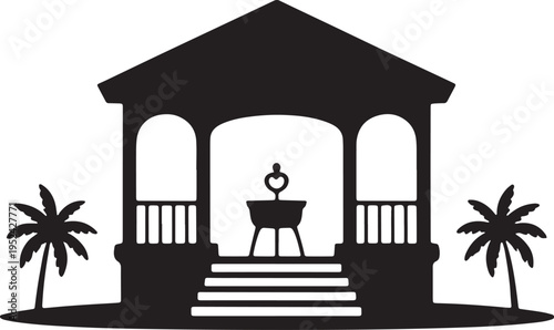 Outdoor garden gazebo silhouette with tropical palm trees and fountain vector illustration