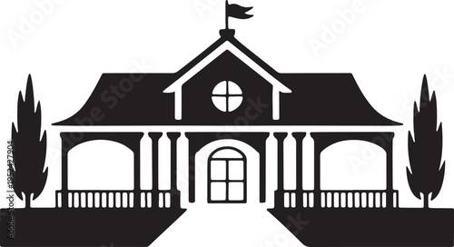 Rural house silhouette simple vector illustration depicting classic farmhouse cottage with front porch and trees