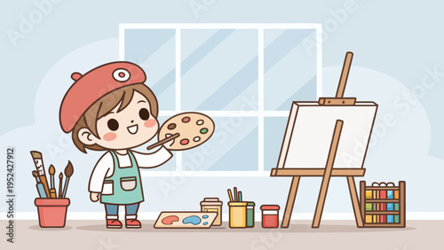 Young artist in beret painting on canvas with colorful brushes and paints in a cozy studio