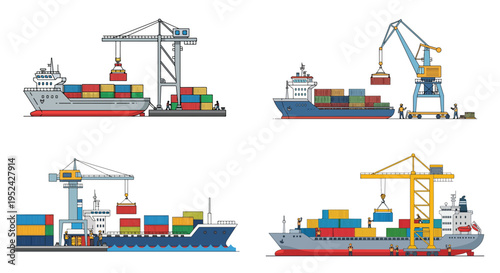A modern flat vector artwork of workers transferring shipping containers onto a cargo ship using a crane, composed of simple geometric shapes, neat outlines, flat color tones, and a plain.