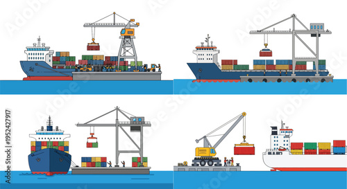 A flat vector illustration depicting workers loading cargo containers onto a ship with the help of a crane, designed with simple geometric elements, a minimalist modern look, clean lines, flat colors.