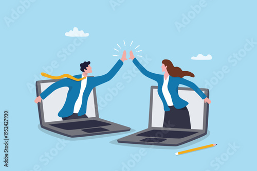 Collaboration teamwork on remote work technology, virtual office meeting online, team communication connection or online discussion, business colleagues high five hand from online computer laptop.