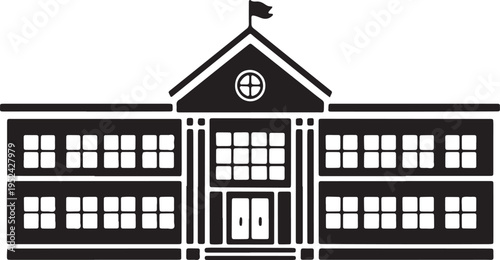 School building silhouette with flag and multiple windows for educational institution concept