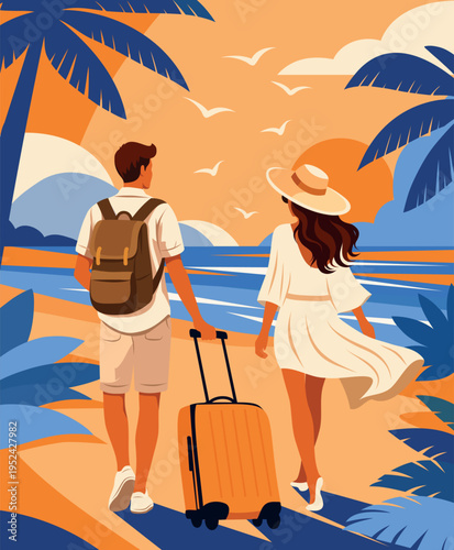 Summer vacation. Vector illustration, couple on vacation, strolling along the beach. Man carries backpack, suitcase, woman in hat. Palm trees, sunset, seagulls. For travel brochures, hotels, tourism.