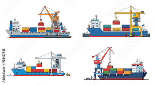 A flat-style vector image of workers lifting and placing shipping containers onto a cargo ship with a crane, using simple geometric forms, a clean modern minimalist design, flat colors.