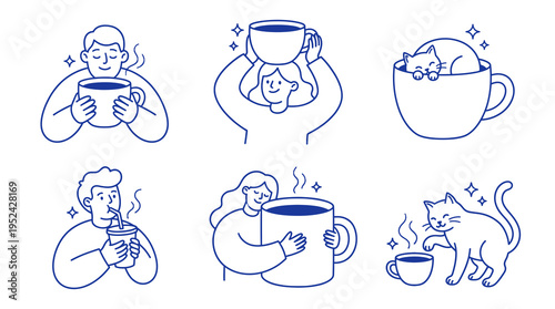 Minimal Line Coffee Illustration Set with People Drinking Hot Beverages and Cute Cat, Cozy Lifestyle Concept