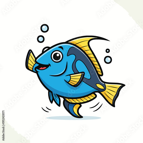 A cartoon-style illustration of a happy fish with blue body, yellow fins, and dark accents. Bubbles float above