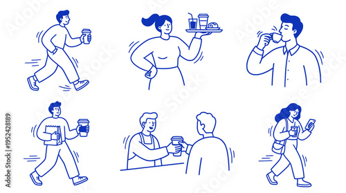Minimal Line Illustration Set of People Drinking Coffee, Walking, Buying and Using Smartphone, Daily Lifestyle Concept