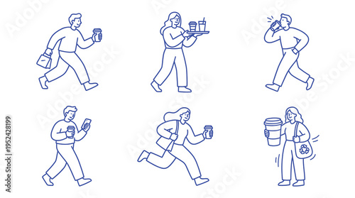 Minimal Line Illustration Set of People with Coffee, Daily Lifestyle Activities, Walking, Drinking and Carrying Coffee Concept