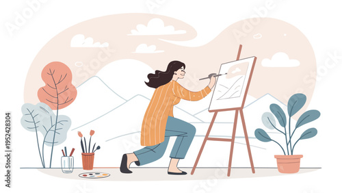 Woman artist painting on an easel in a serene outdoor setting with mountains and plants around her