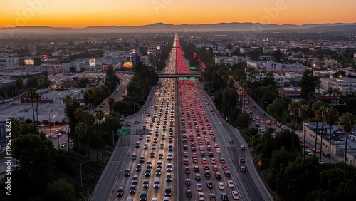 Aerial view of heavy traffic congestion on a multi-lane highway at dusk with city skyline