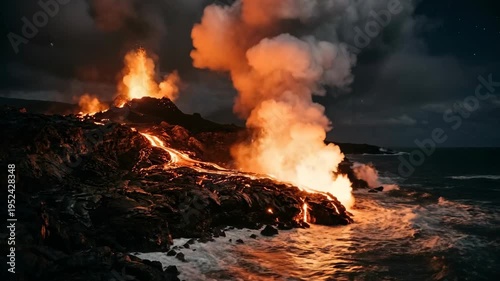 Volcanic eruption spewing molten lava and smoke into the night sky over the ocean