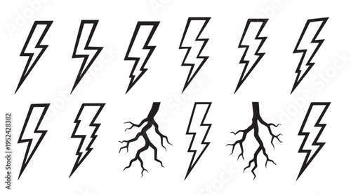 Lightning Bolt Icons with Root Variations Black and White Graphic Elements